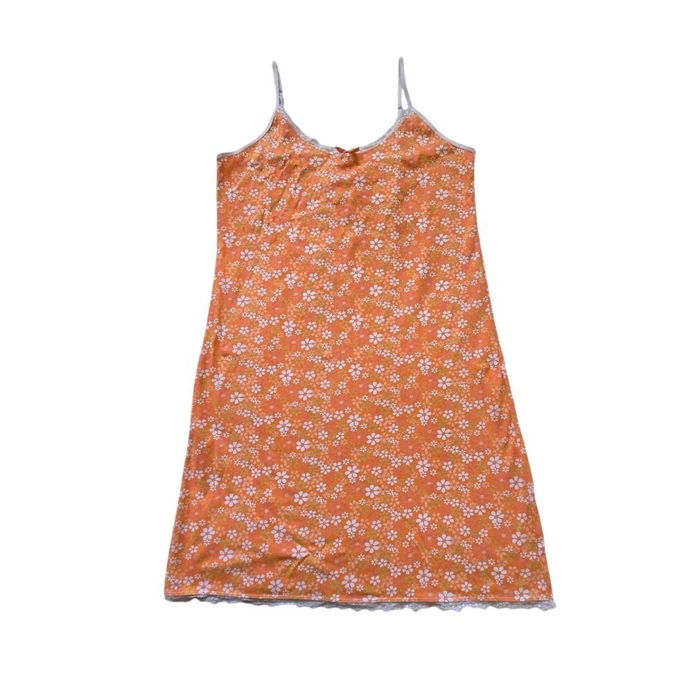 y2k style‎ Orange floral mini slip dress with lace trim and adjustable straps.